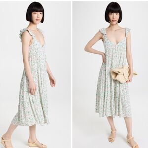 NEW Sokie Collective The Summer Flutter Green Pink Ditsy Floral Midi Dress L